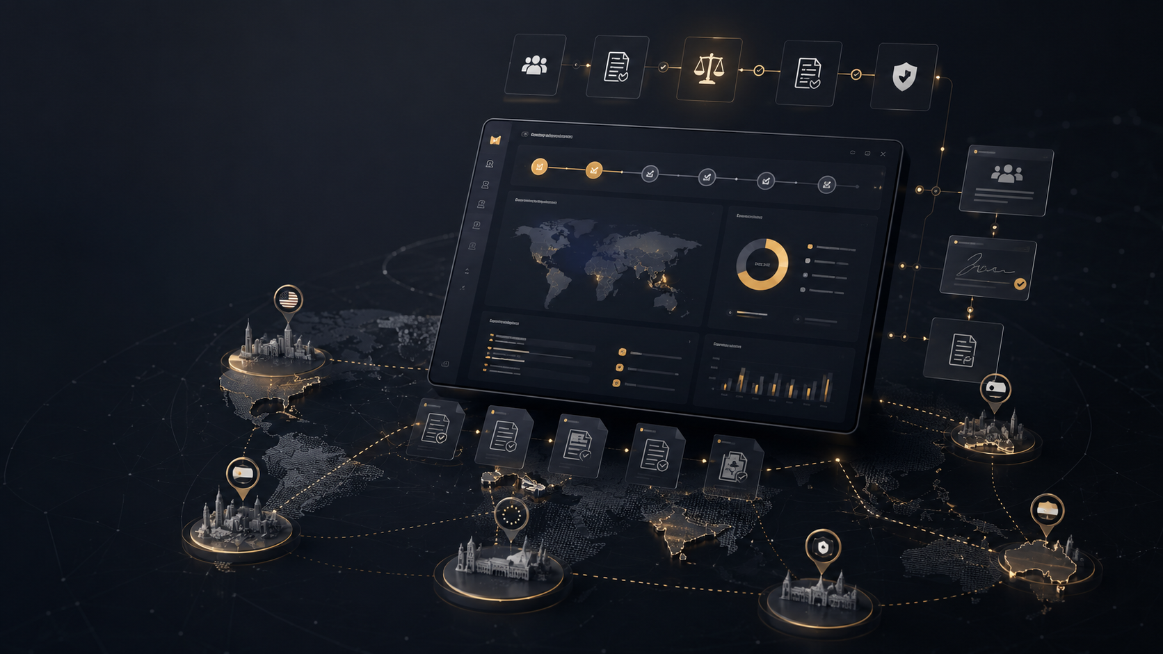 A dashboard-style illustration showing multinational workforce change governance across connected locations, documents, and approval steps.